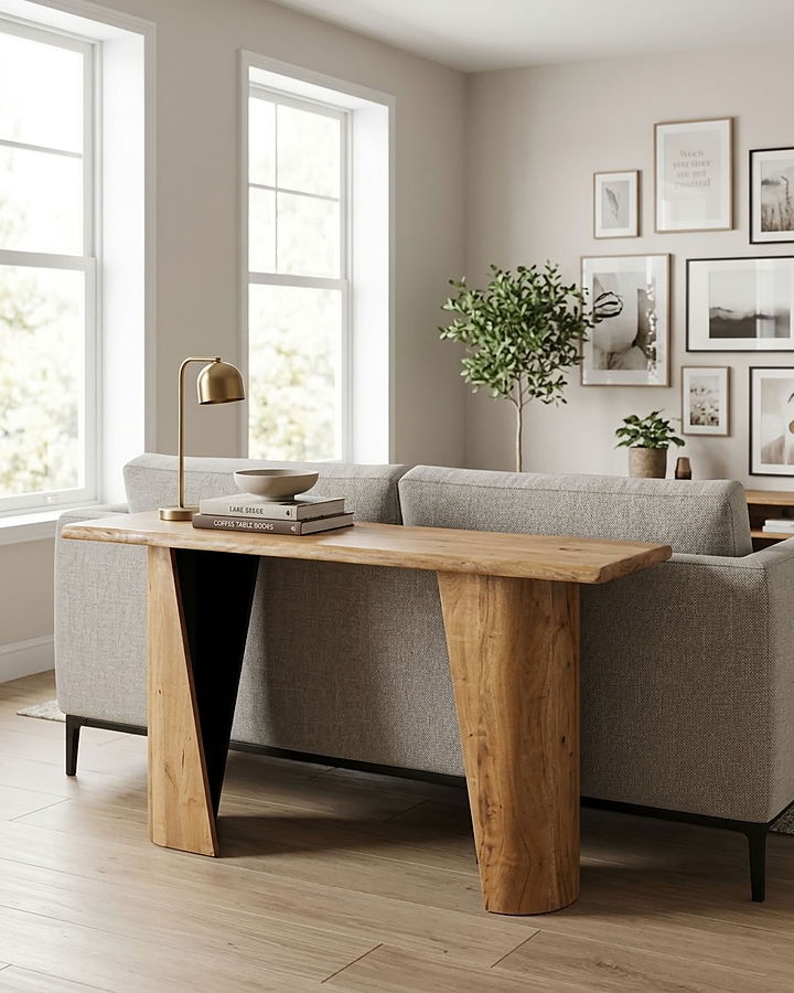 Sidetable van licht massief hout achter een bank, met een tafellamp en boeken op het blad