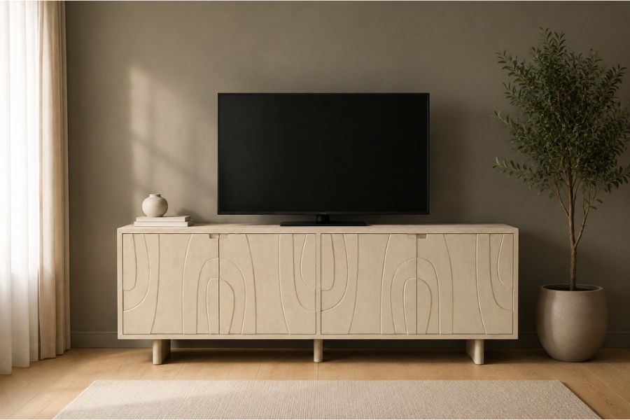 Tv meubel zandkleur onder een televisie