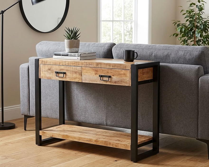 Mangohouten sidetable met twee lades en een open onderblad achter een grijze bank