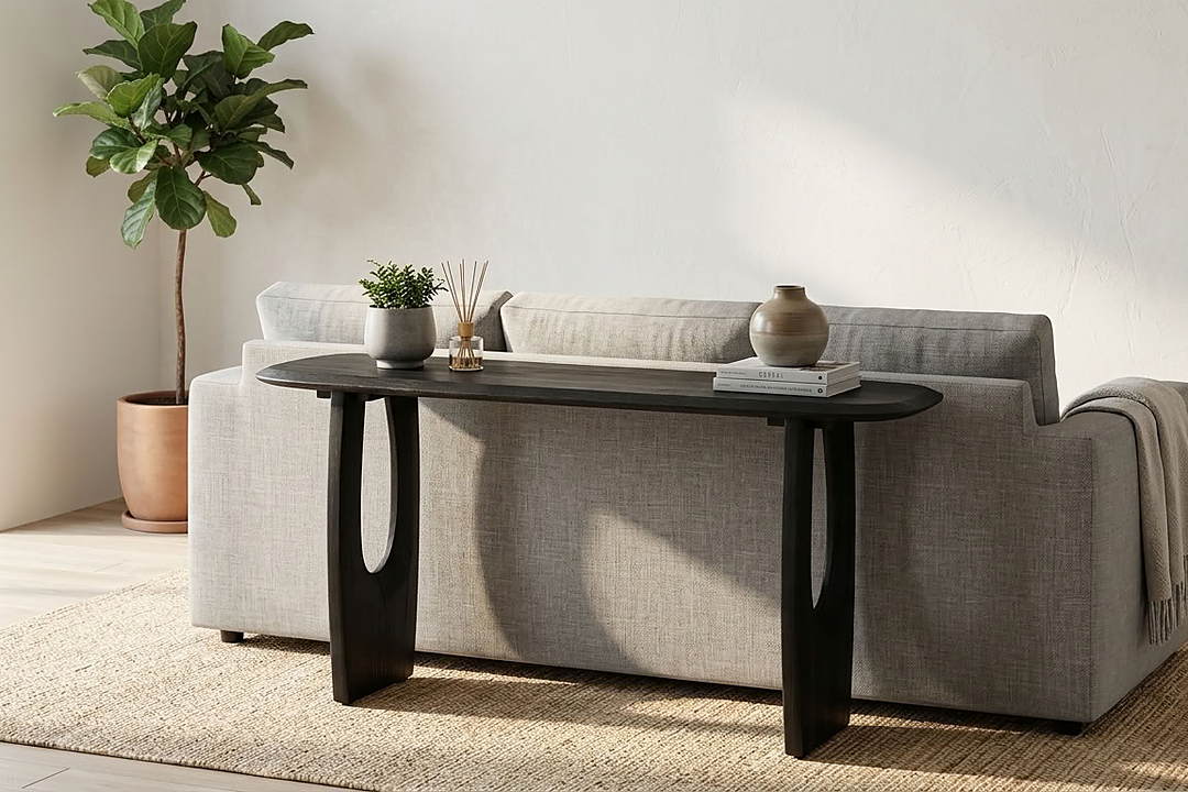 Zwarte houten sidetable achter een lichtgrijze bank in een lichte woonkamer