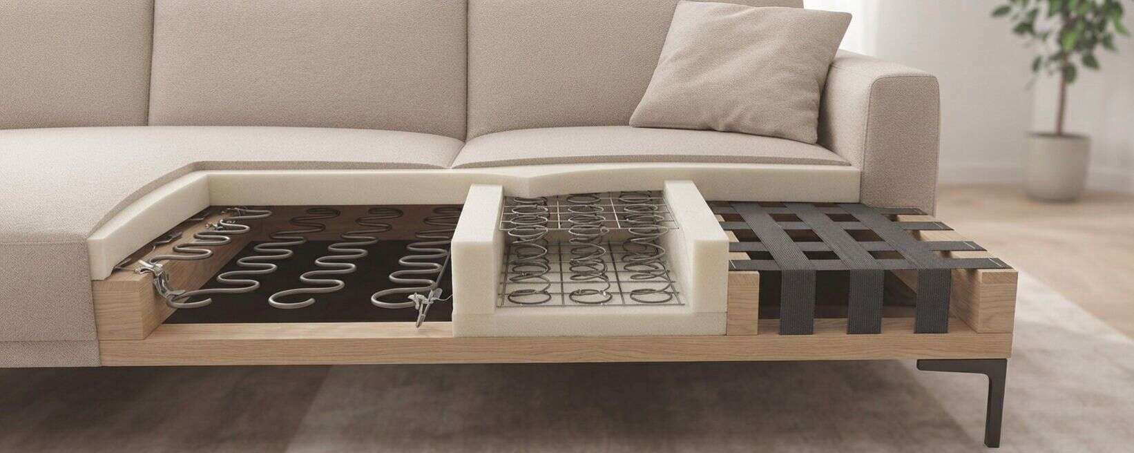 Doorsnede van een bankstel met binnenvering, schuimvulling en houten frame