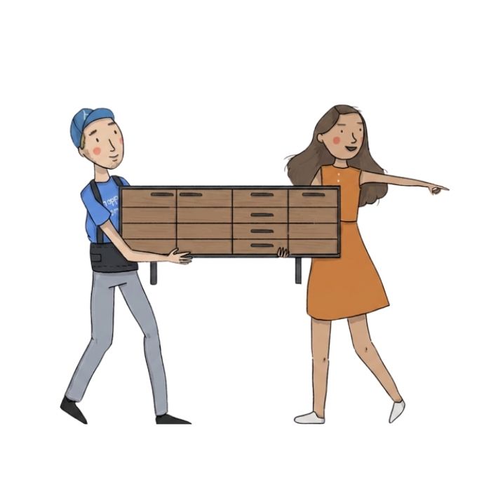 Illustratie van een bezorger die samen met een klant een houten dressoir naar binnen draagt