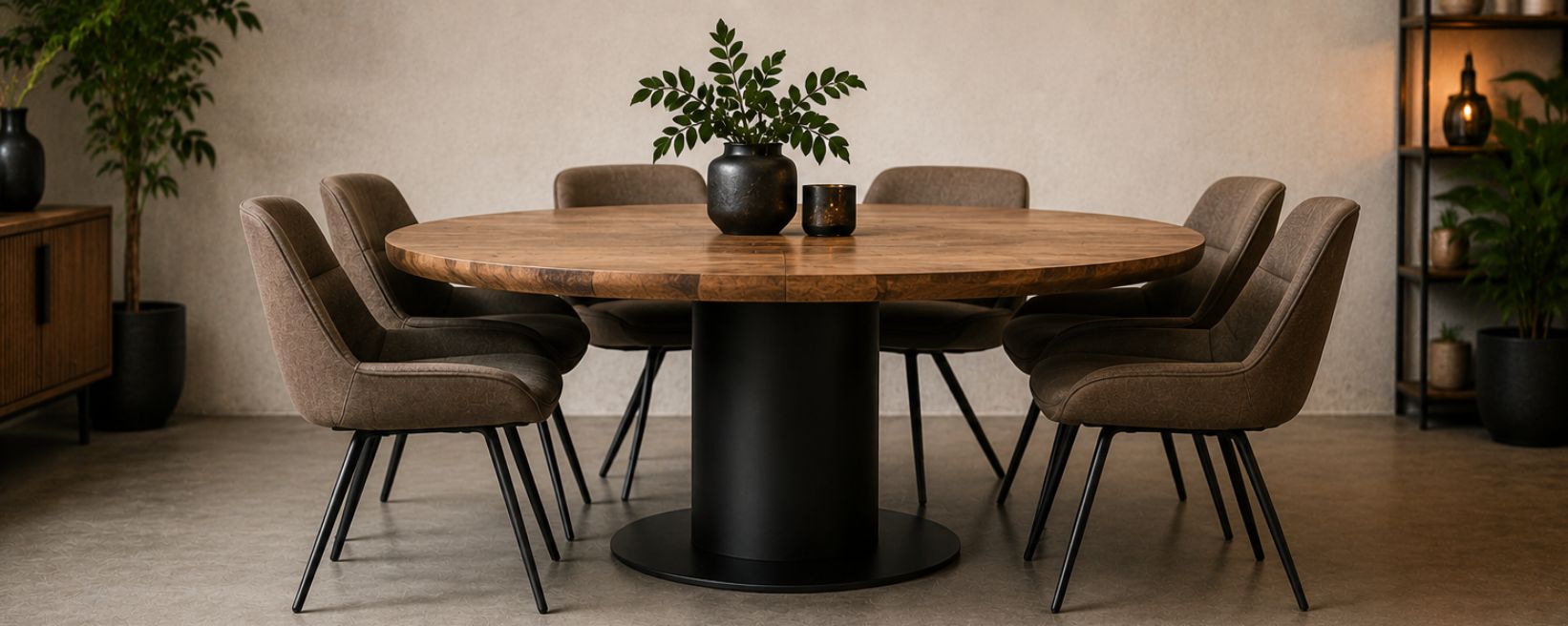 Ronde eettafel met centrale kolompoot voor extra beenruimte.
