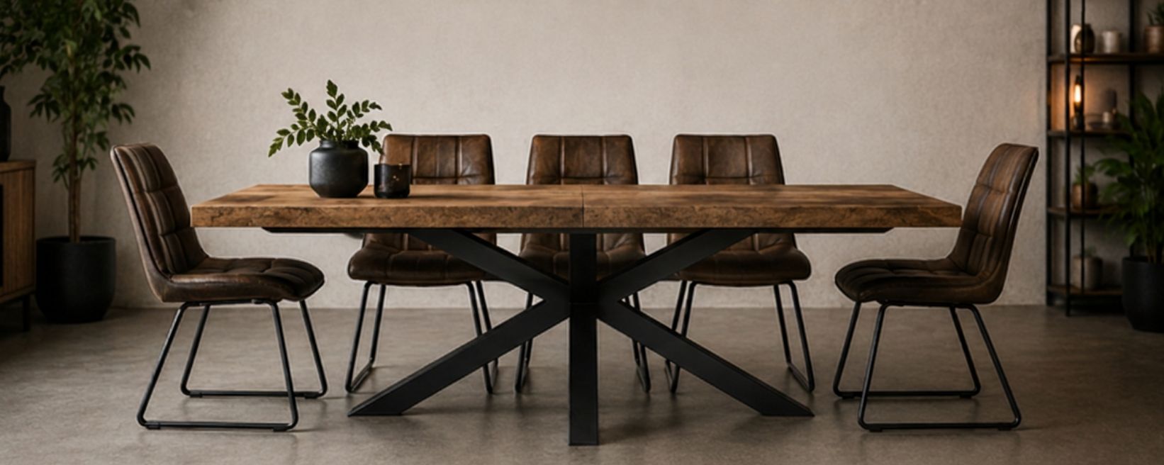Eettafel met zwart stalen spinpoot of matrixpoot onderstel.