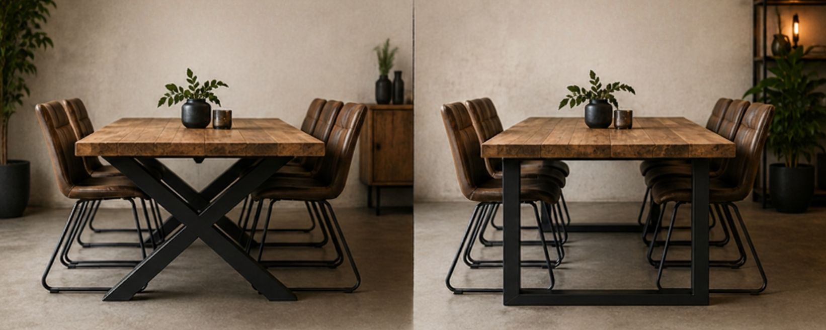 Eettafel met zwart stalen X-poot en U-poot onderstel.