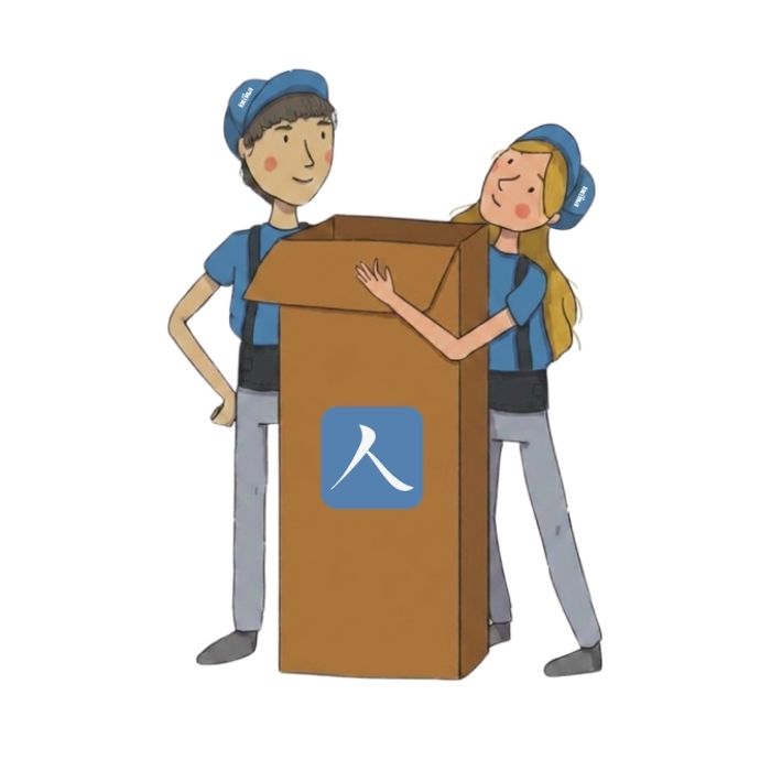 Illustratie van twee Houtmijn-bezorgers die samen een grote verpakking uitpakken