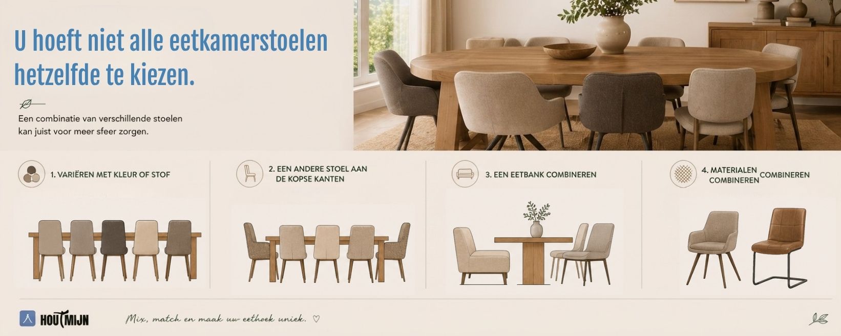 De afbeelding toont rechtsboven een sfeerfoto van een ronde eettafel met een mix van vier verschillende stoelen. Daaronder staan vier gedetailleerde stappen in een horizontale rij, elk met een titel, icoon en uitleg.