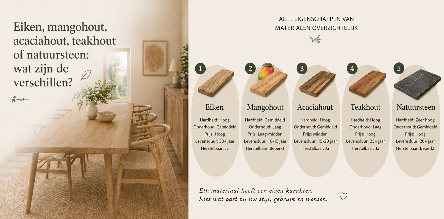 Vergelijking van materialen voor eettafels: eikenhout, mangohout, acaciahout, teakhout en natuursteen