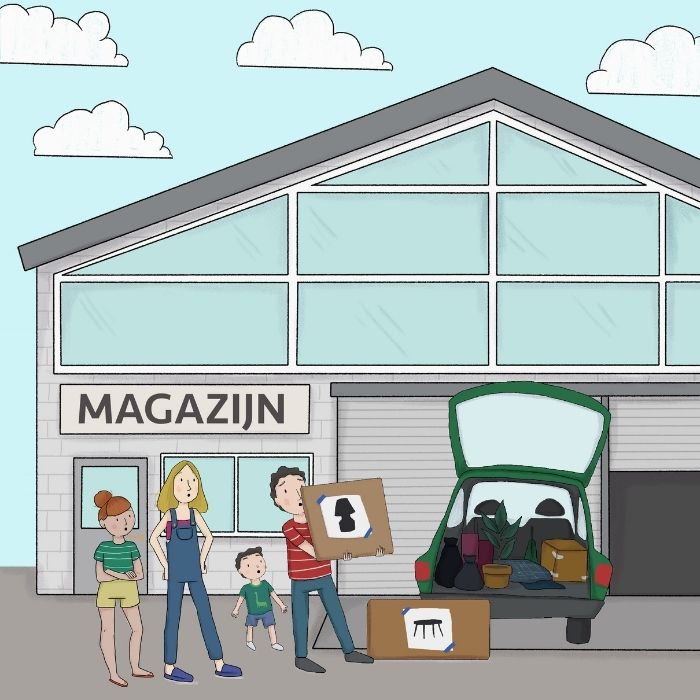 Illustratie van een gezin dat bestelde spullen ophaalt bij het magazijn en inlaadt in de auto