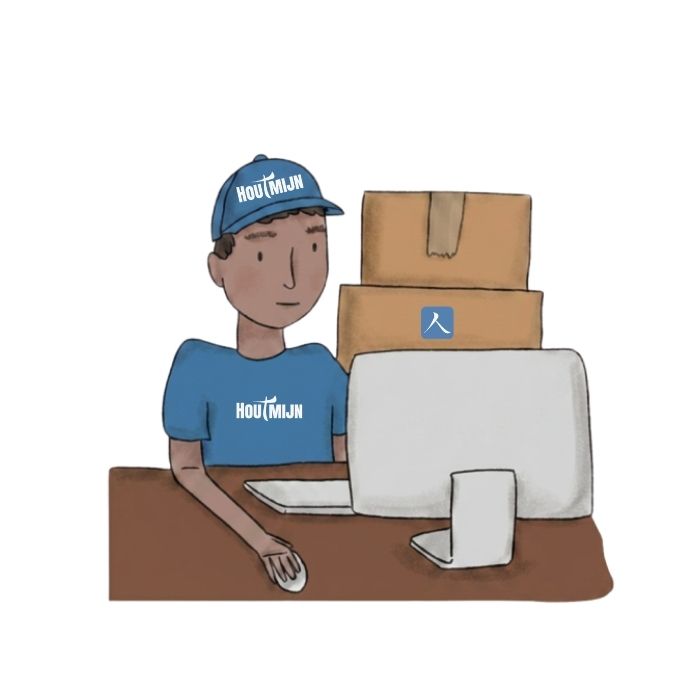 Illustratie van een Houtmijn-medewerker die achter de computer de bezorging inplant