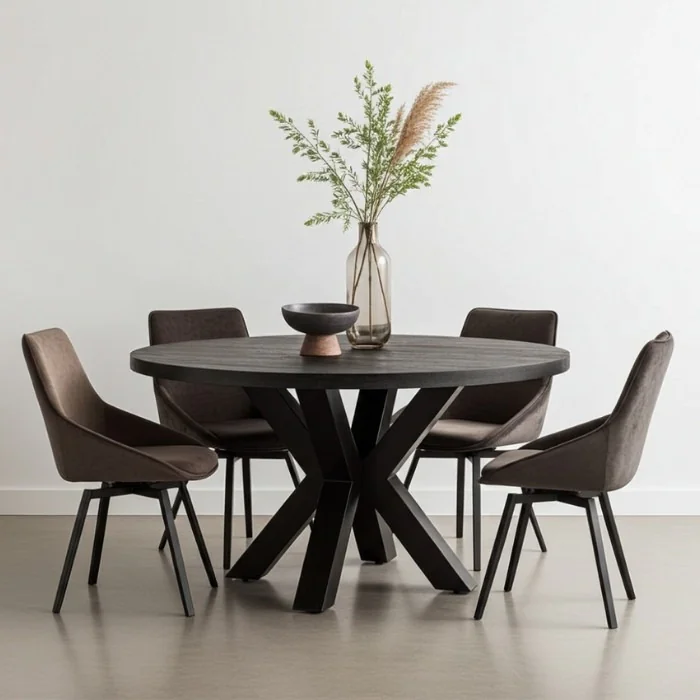 Ronde eettafel van zwart mangohout met metalen kruispoot
