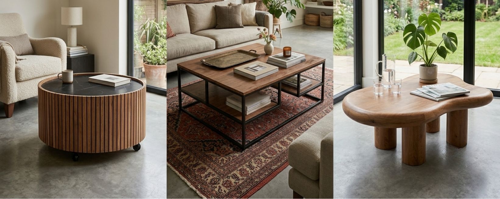 Collage van ronde, rechthoekige en organische salontafels in verschillende woonkamers