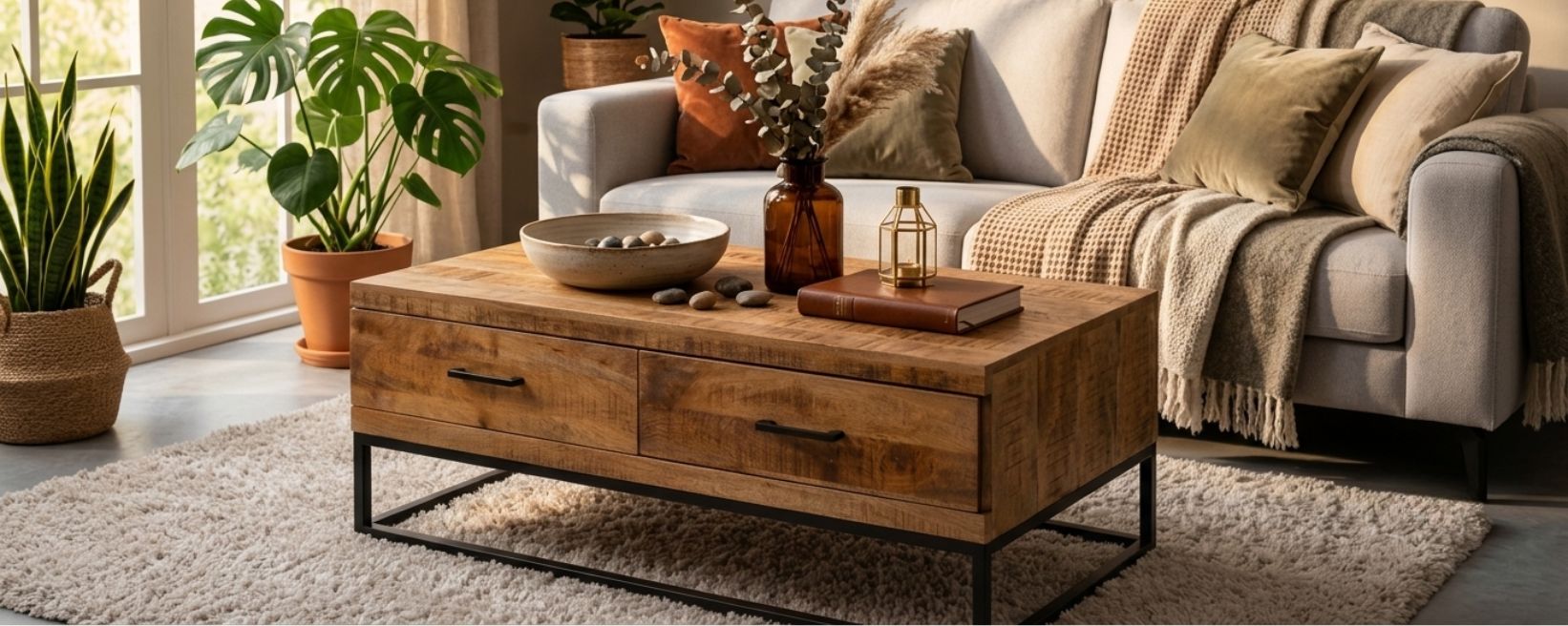 Houten salontafel met opbergruimte en twee lades in een stijlvolle woonkamer