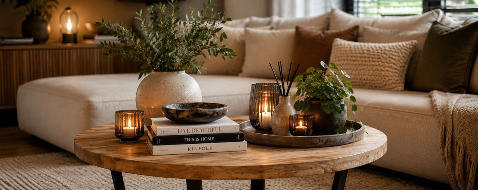 Ronde salontafel gestyled met vaas, kaarsen en boeken voor een beige bank
