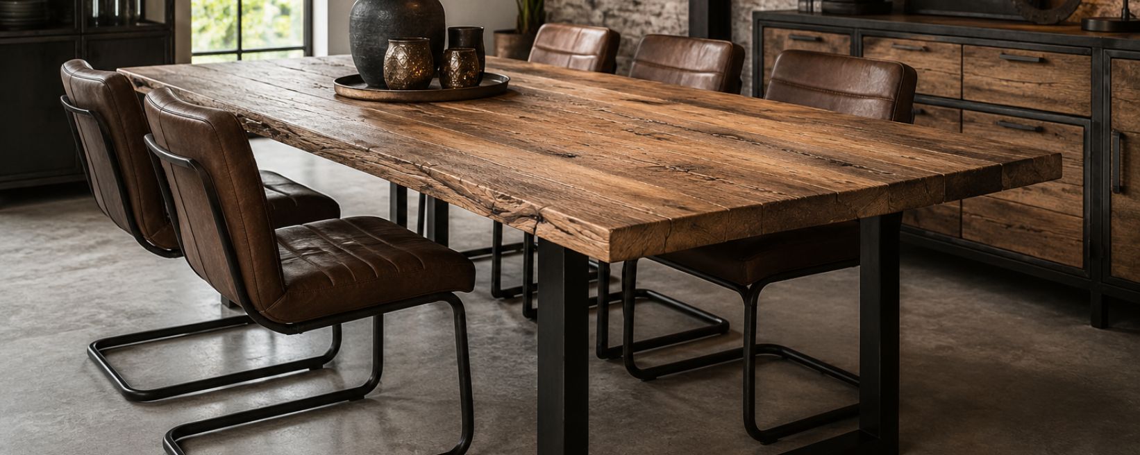 Industrieel interieur en industriële eettafel