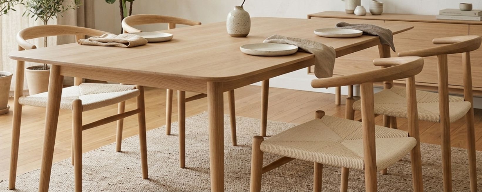 Japandi interieur met een Japandi eettafel. 