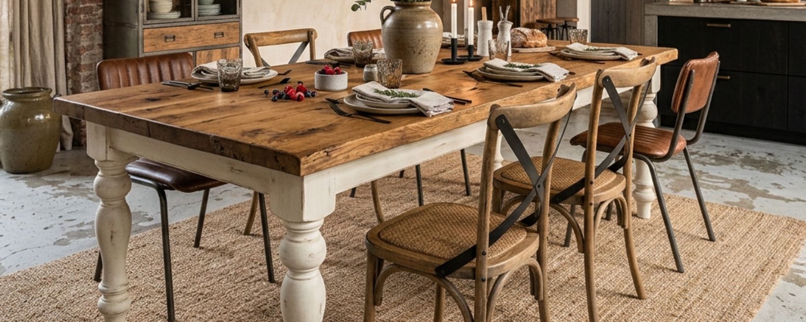 Landelijke interieur met een landelijke eettafel. 