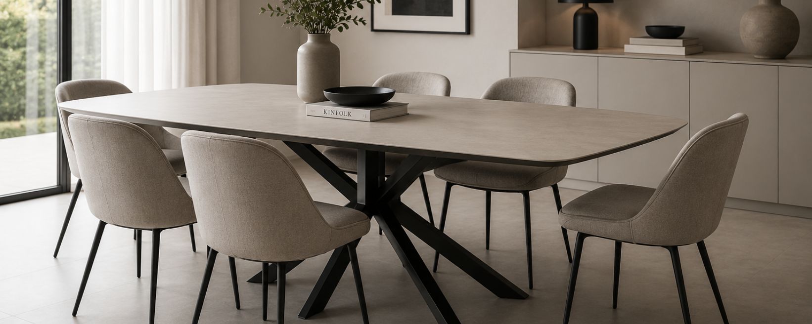 Modern interieur met een moderne eettafel. 