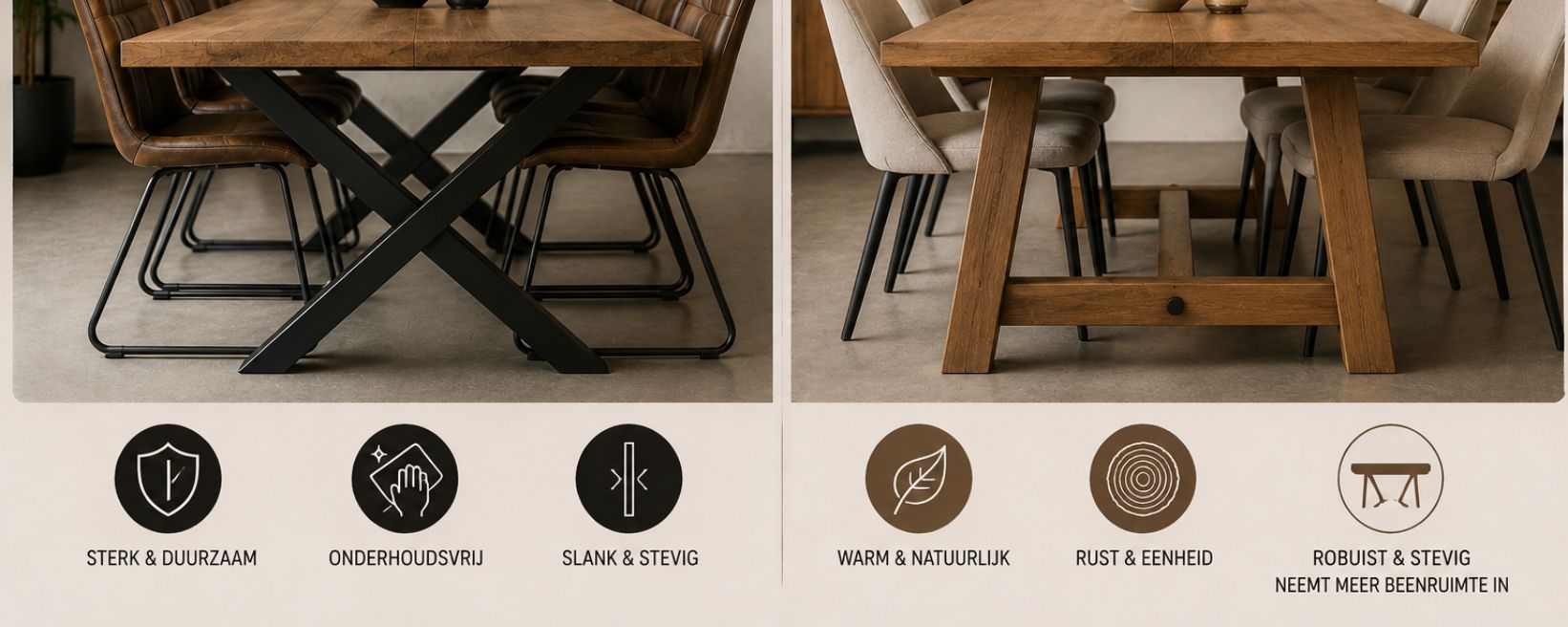 Vergelijking tussen een stalen en houten eettafel onderstel.