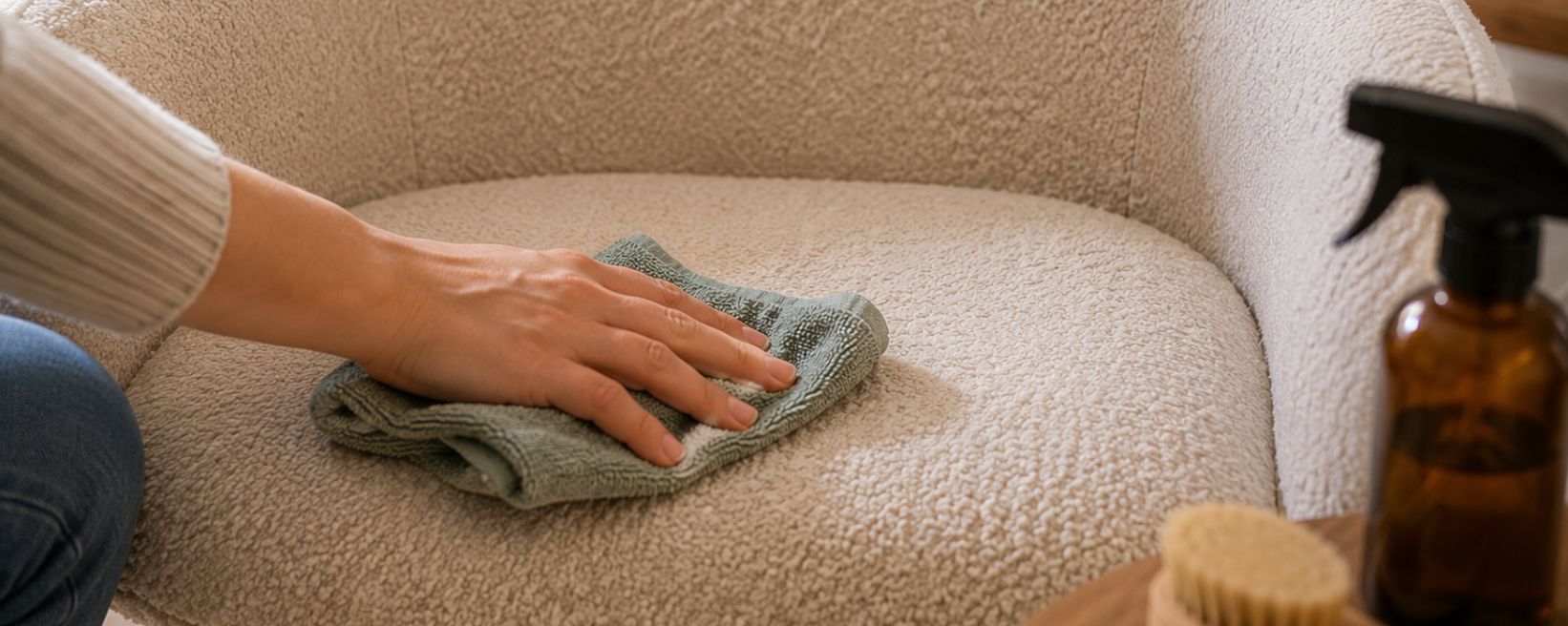 Close-up eetkamerstoel schoonmaken met een doekje