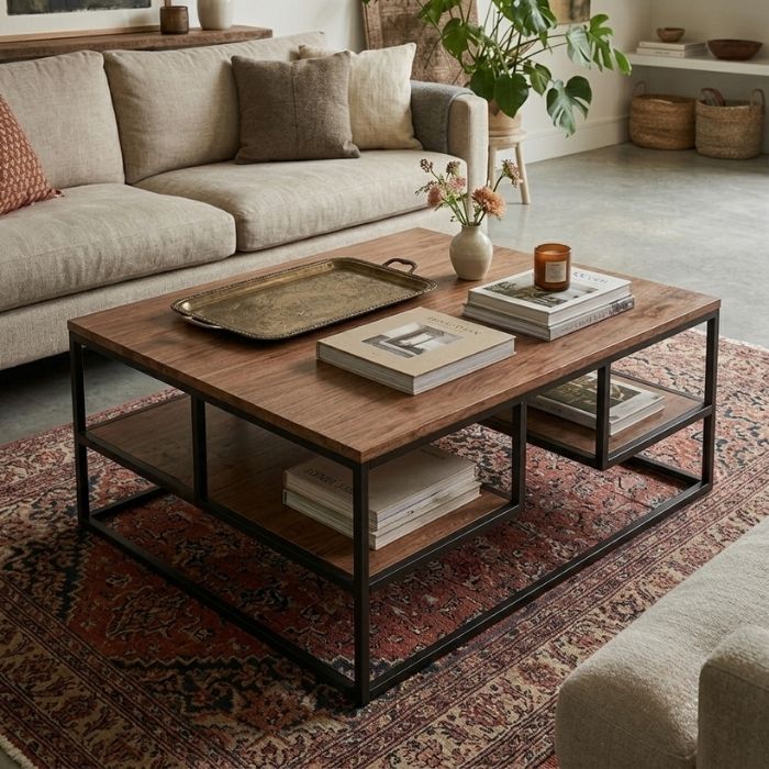 Vierkante salontafel met zwart stalen frame