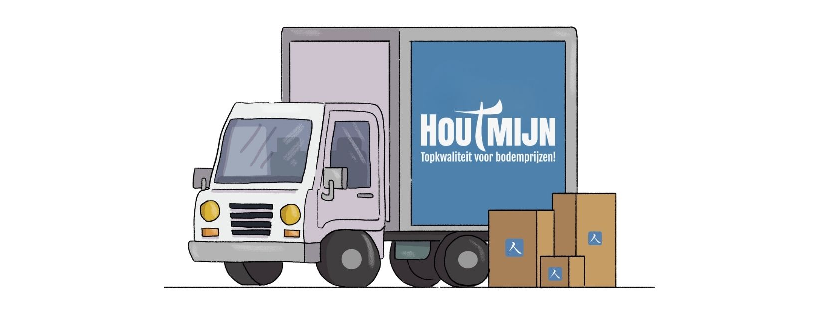 Illustratie van de bezorgbus van Houtmijn met dozen ernaast