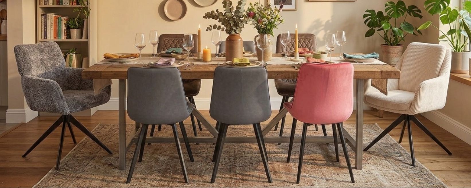 Verschillende kleuren en stoffen eetkamerstoelen rond een eettafel. 