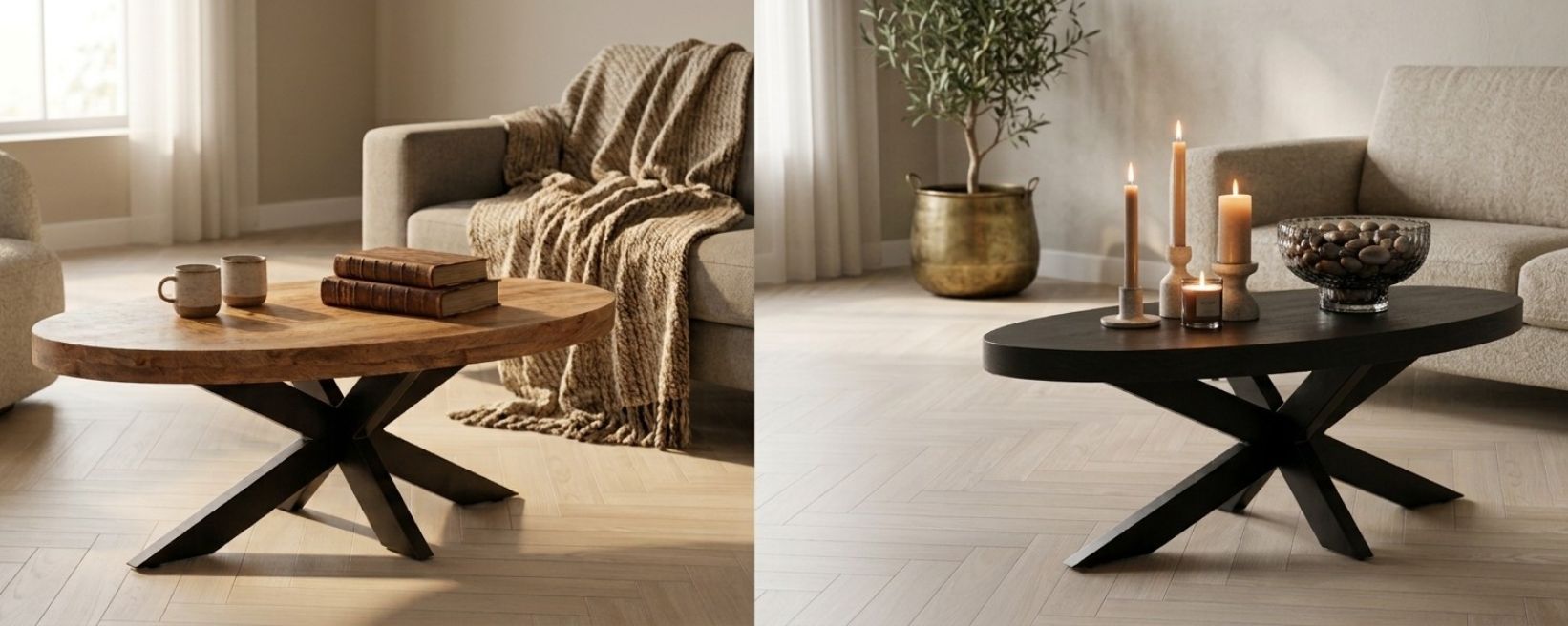 Zwarte en naturel salontafel met kruispoot naast elkaar in een woonkamer